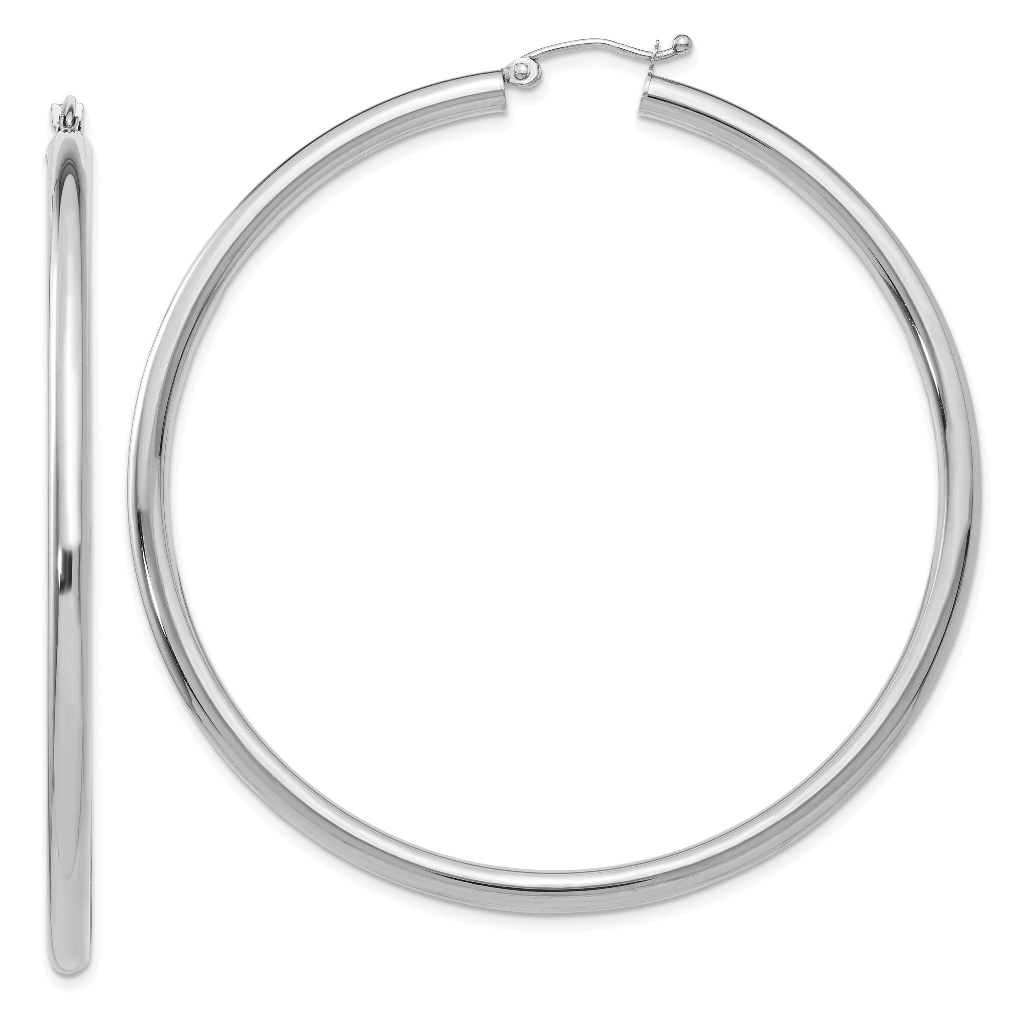 10K White Gold Polished Hoop Earrings 3mm Tube Rhodium-Plated Main image