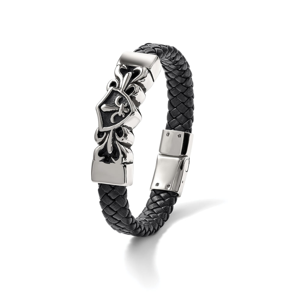 Stainless Steel Antiqued and Polished Fleur de Lis Black Braided Leather Bracelet for Men