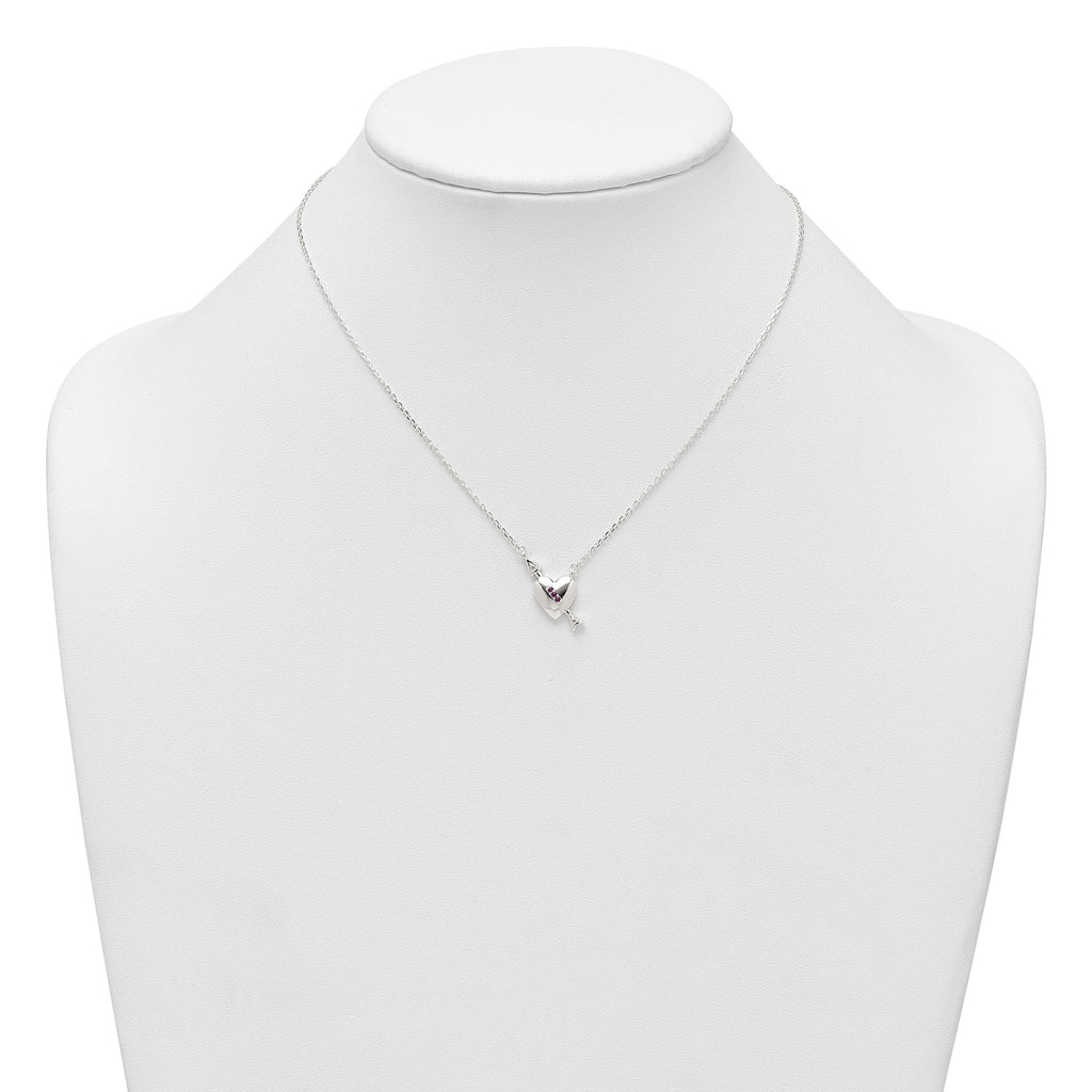 Sterling Silver Polished Pink and White CZ Heart and Arrow 16 inch with 2 inch Extension Necklace