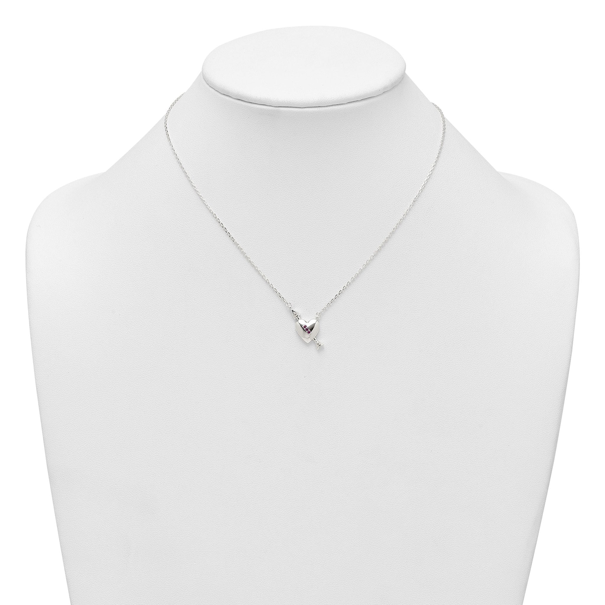 Sterling Silver Polished Pink and White CZ Heart and Arrow 16 inch with 2 inch Extension Necklace