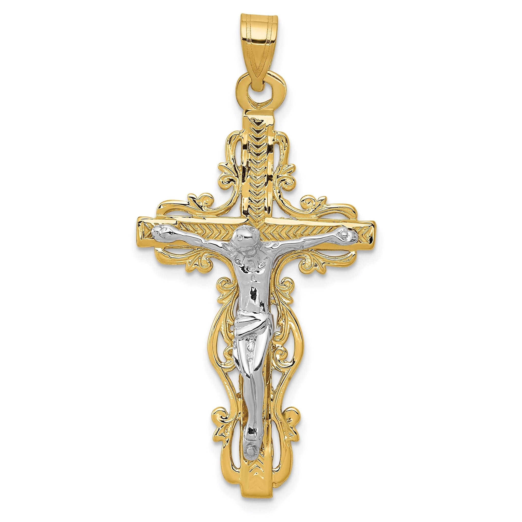 14K Two-Tone Gold Diamond-Cut Crucifix Pendant Elegant Jewelry