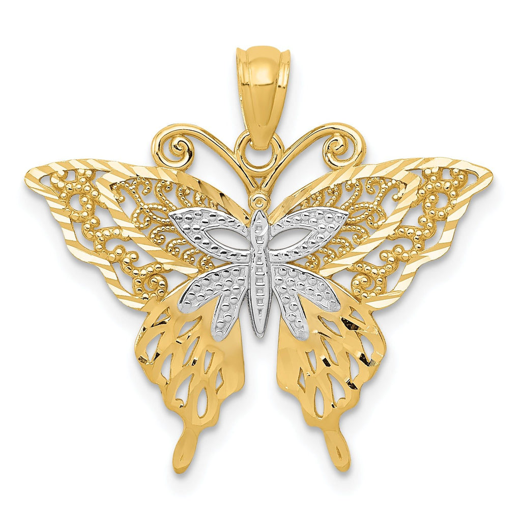 14K Gold Fancy Butterfly Pendant with Rhodium Accents and Polished Finish