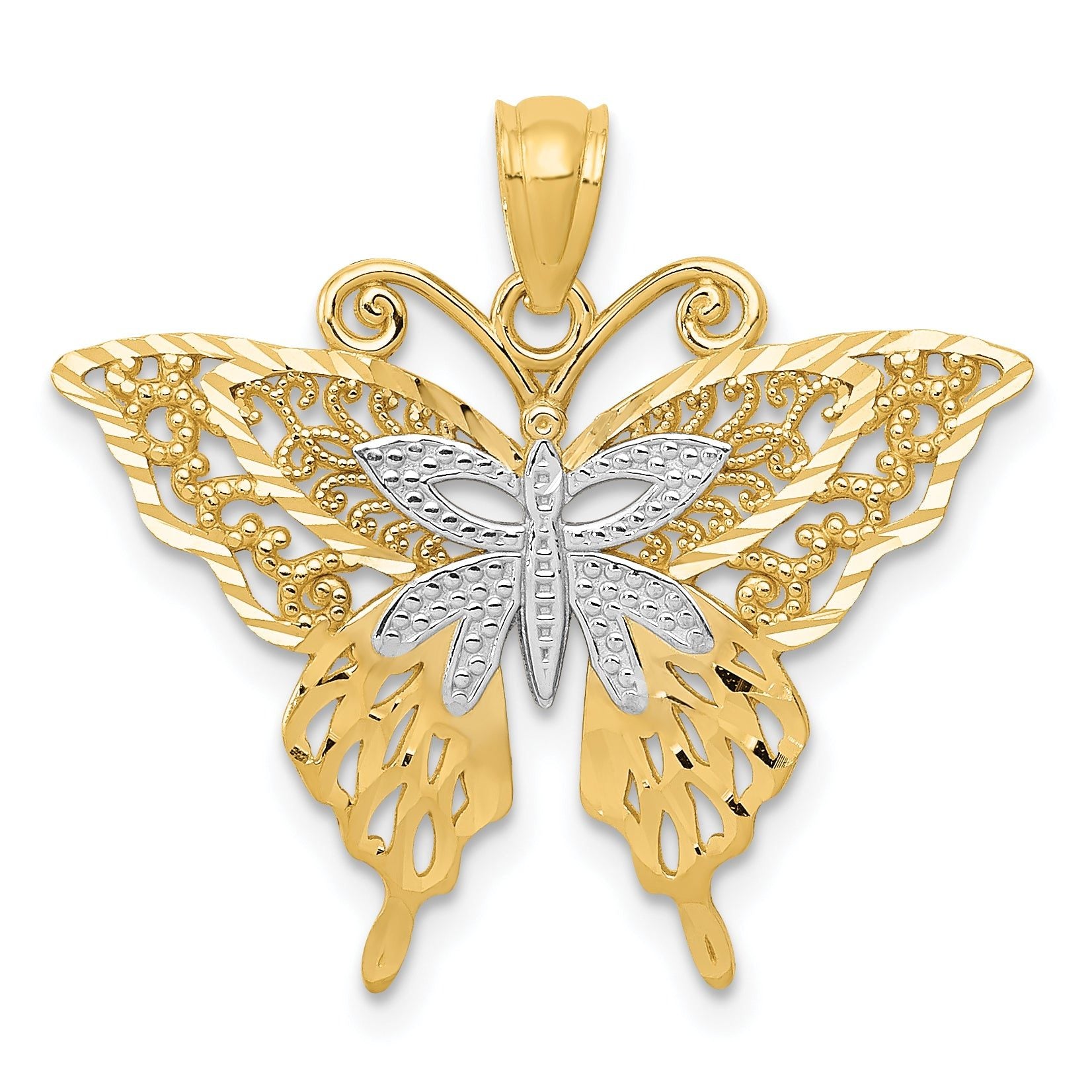 14K Gold Fancy Butterfly Pendant with Rhodium Accents and Polished Finish