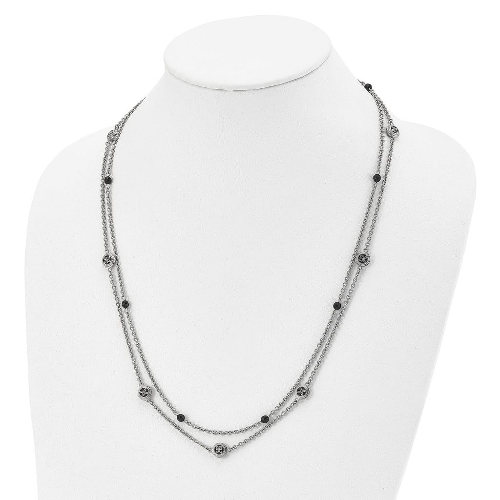 Stainless Steel Polished w/Black Onyx & Acrylic Beads w/2in ext Necklace