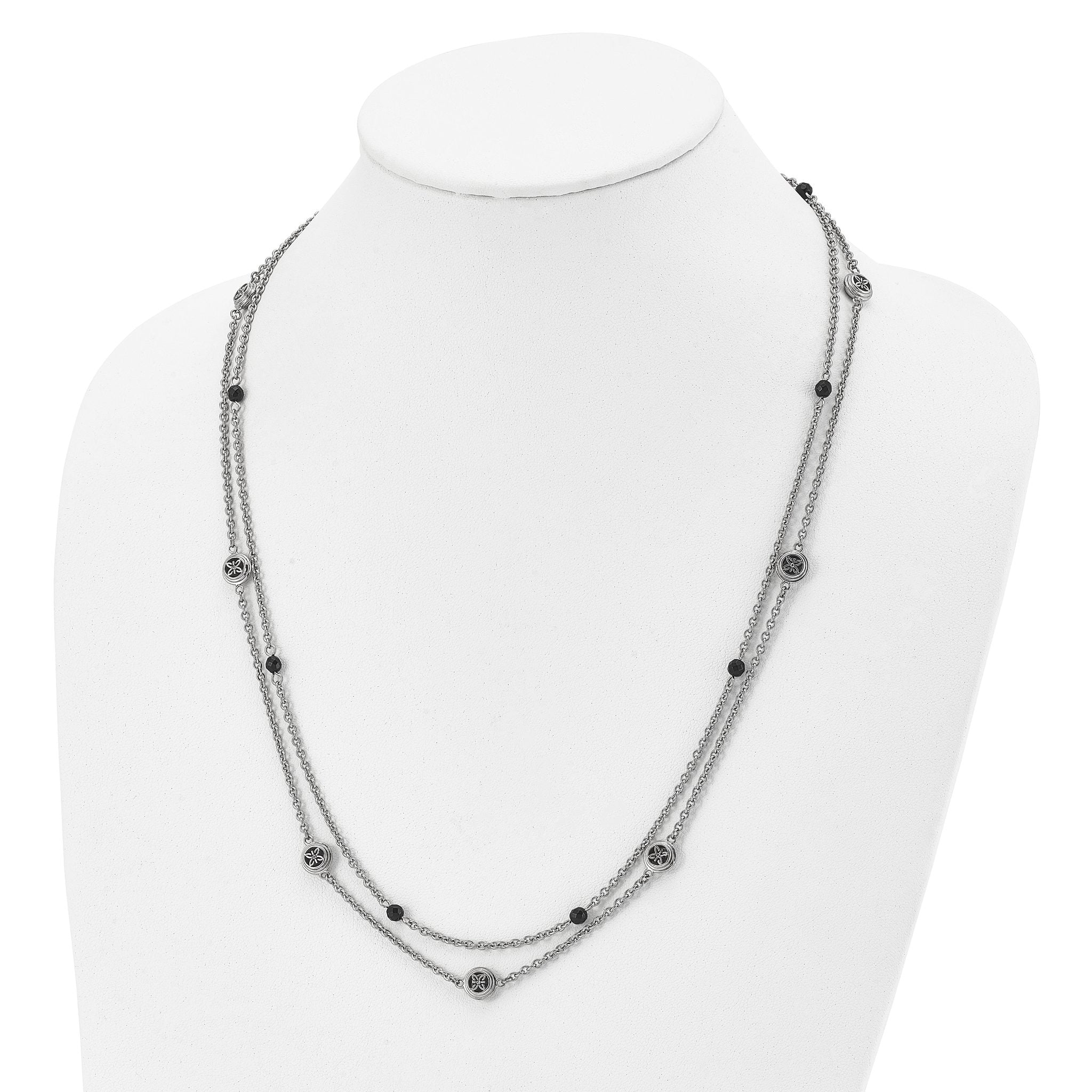 Stainless Steel Polished w/Black Onyx & Acrylic Beads w/2in ext Necklace