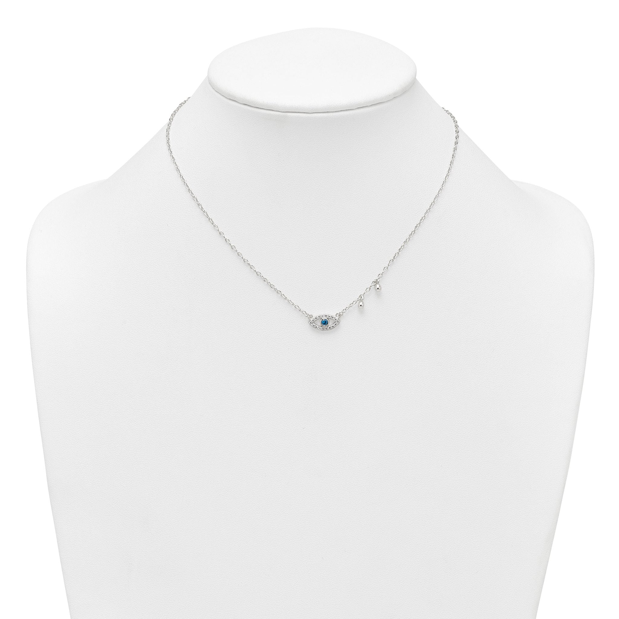 Sterling Silver Polished Blue and White CZ Eye with Beads 16 inch with 2 inch Extension Necklace
