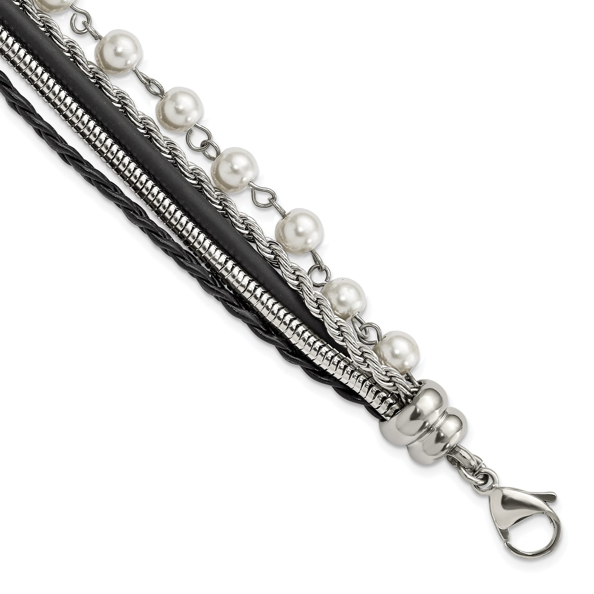 Stainless Steel Polished Leather with Simulated Pearls with ext Bracelet for Women Main image