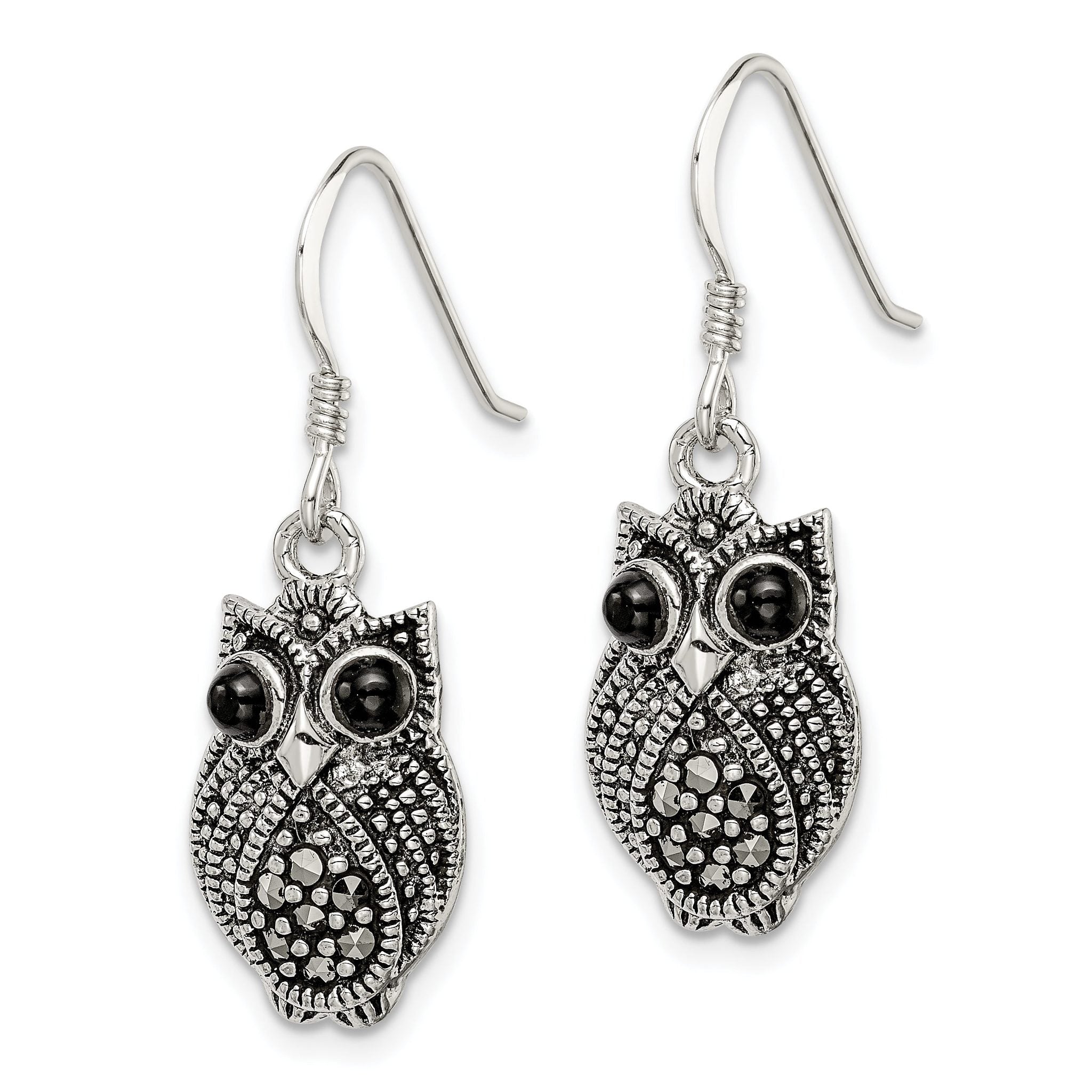 Sterling Silver Owl Drop Earrings with Antique Marcasite and Black Agate Secondary image