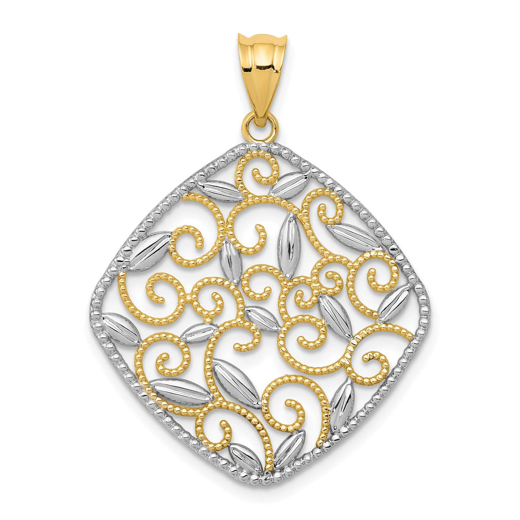 14K Yellow Gold With Rhodium Diamond-Cut and Polished Filigree Swirl Pendant