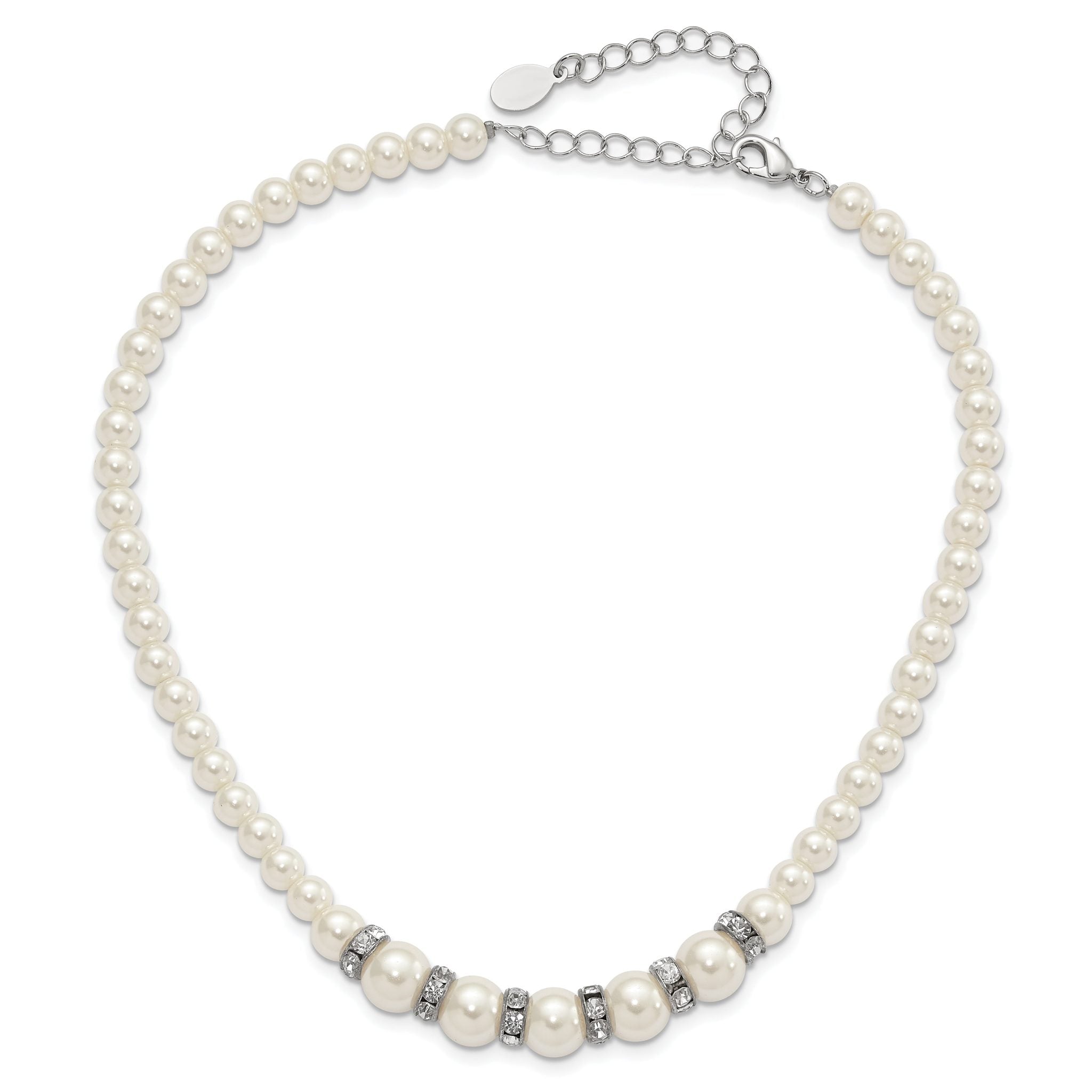 1928 Silver-tone Clear Crystal and Simulated Pearl 15in With  3in ext Necklace