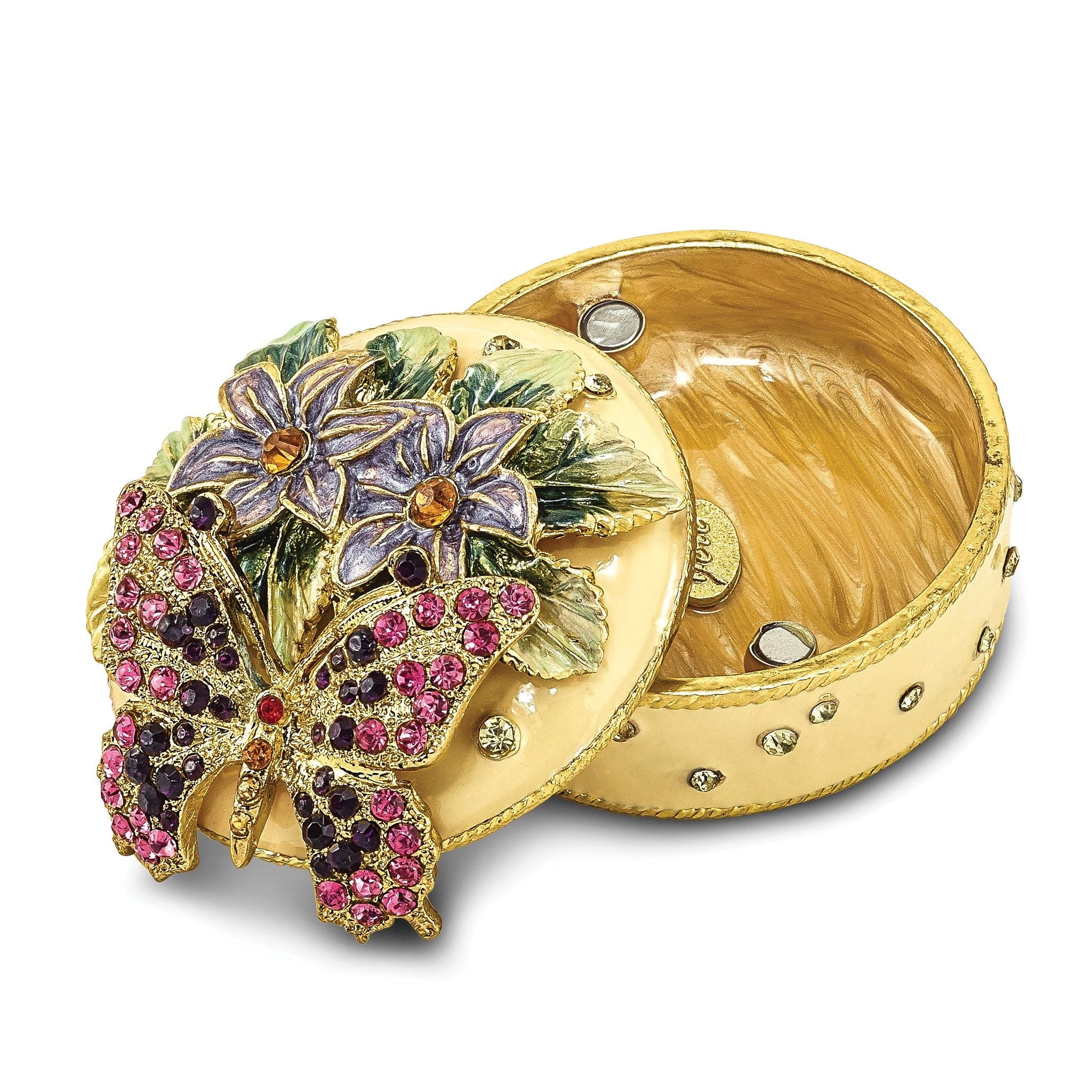 Luxury Giftware Pewter Bejeweled Crystals Gold-tone Enameled FLORIAN Butterfly & Floral Box Trinket Box with Matching 18 Inch Necklace Secondary image