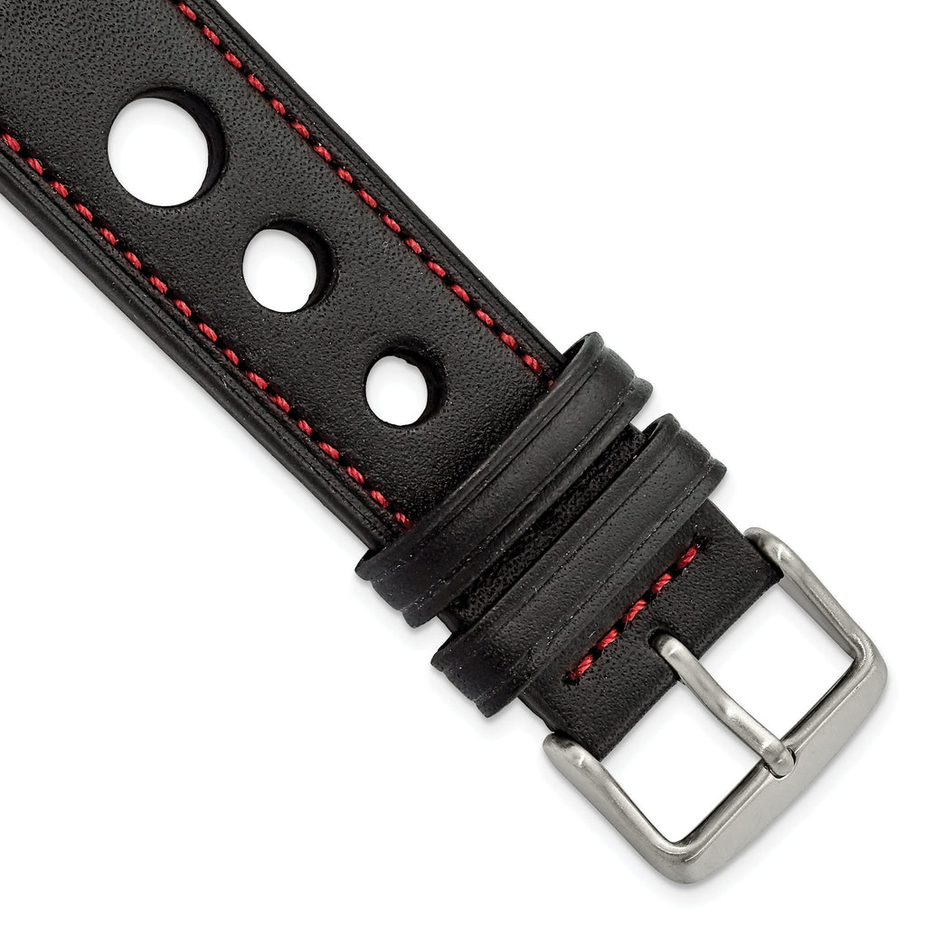 Grand Prix Leather Watch Band in Black with Red Stitching, 20mm