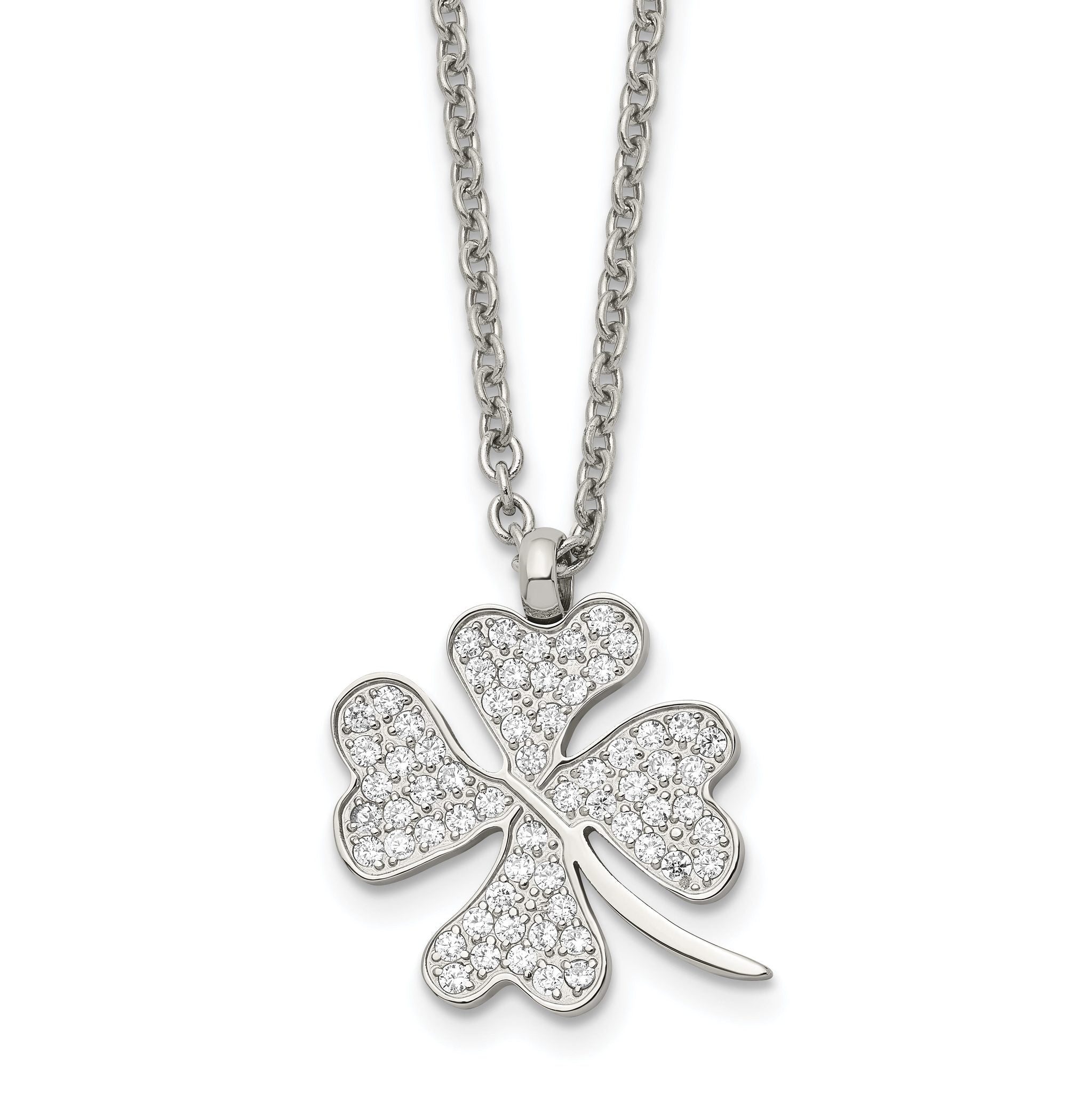 Chisel Stainless Steel Polished CZ Four Leaf Clover Pendant on a 22 inch Cable Chain Necklace Main image