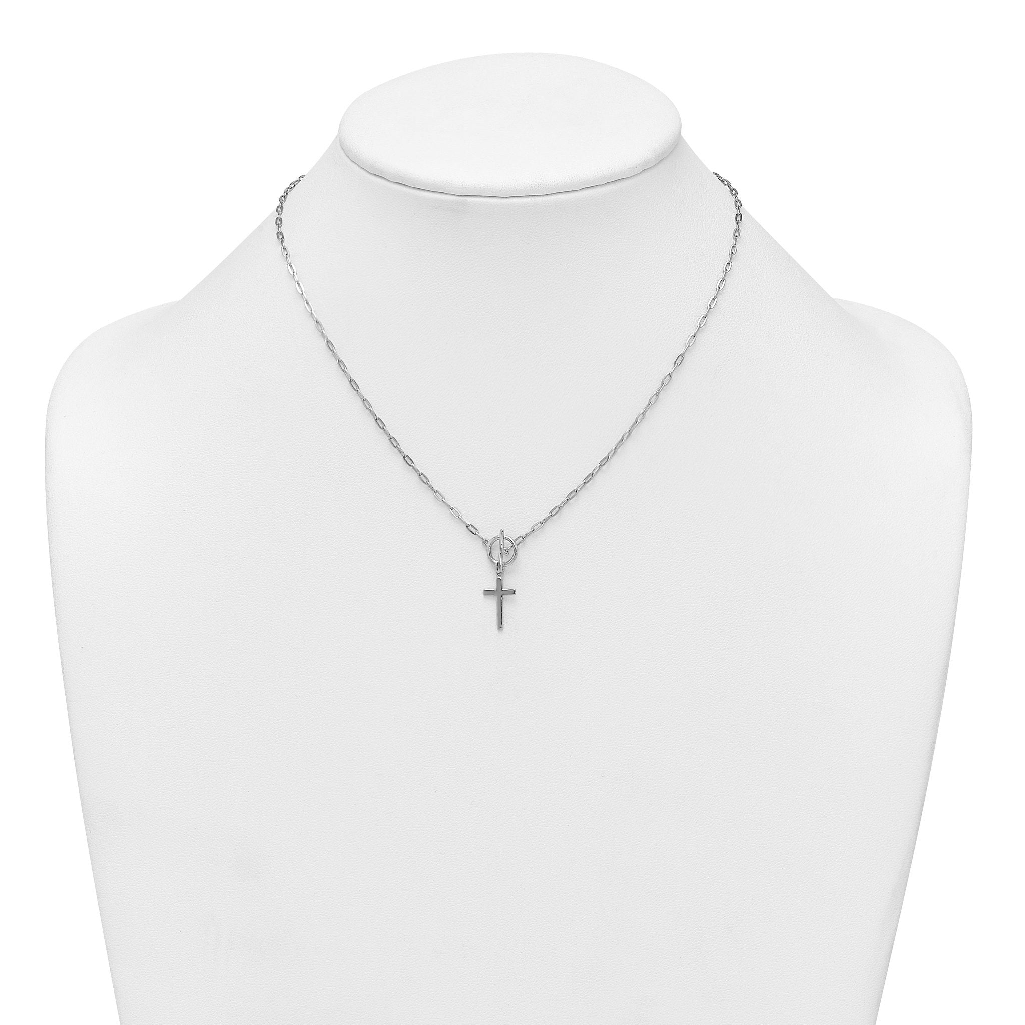 Sterling Silver Rhodium-plated Polished Cross Dangle Paperclip Link 16 Inch with 2 Inch Extension Necklace