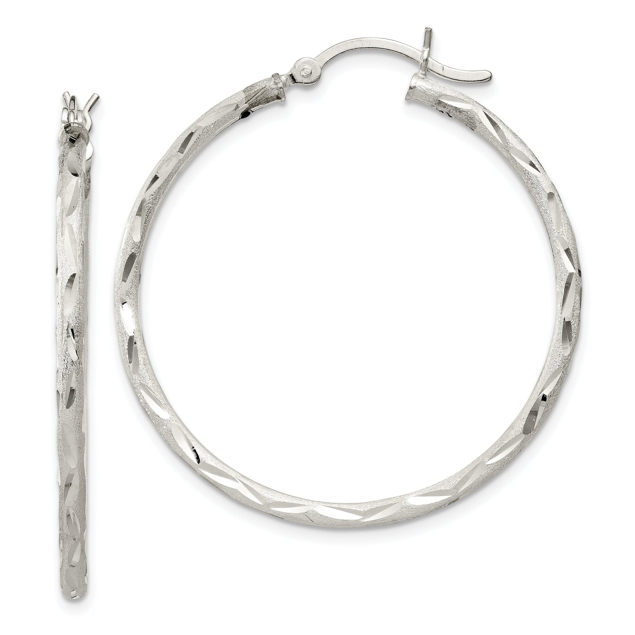 Sterling Silver 925 Brushed Diamond-Cut Hinged Hoop Earrings 38mm Main image