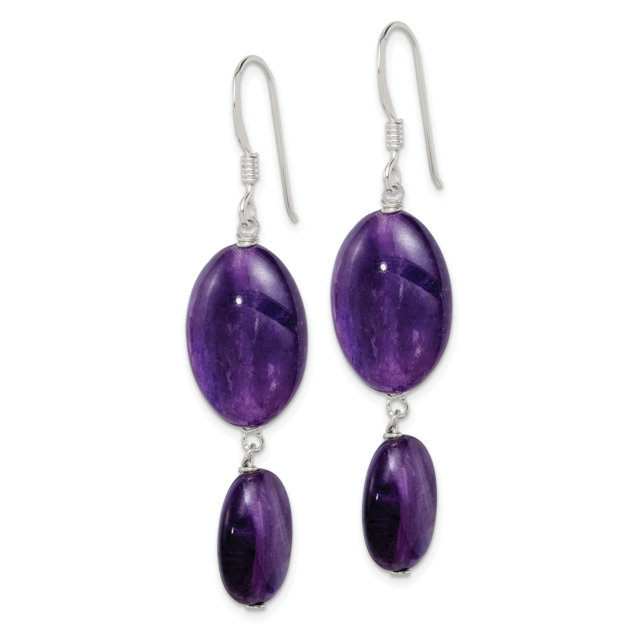 Sterling Silver Polished Amethyst & Dark Purple Jade Oval Dangle Earrings Secondary image