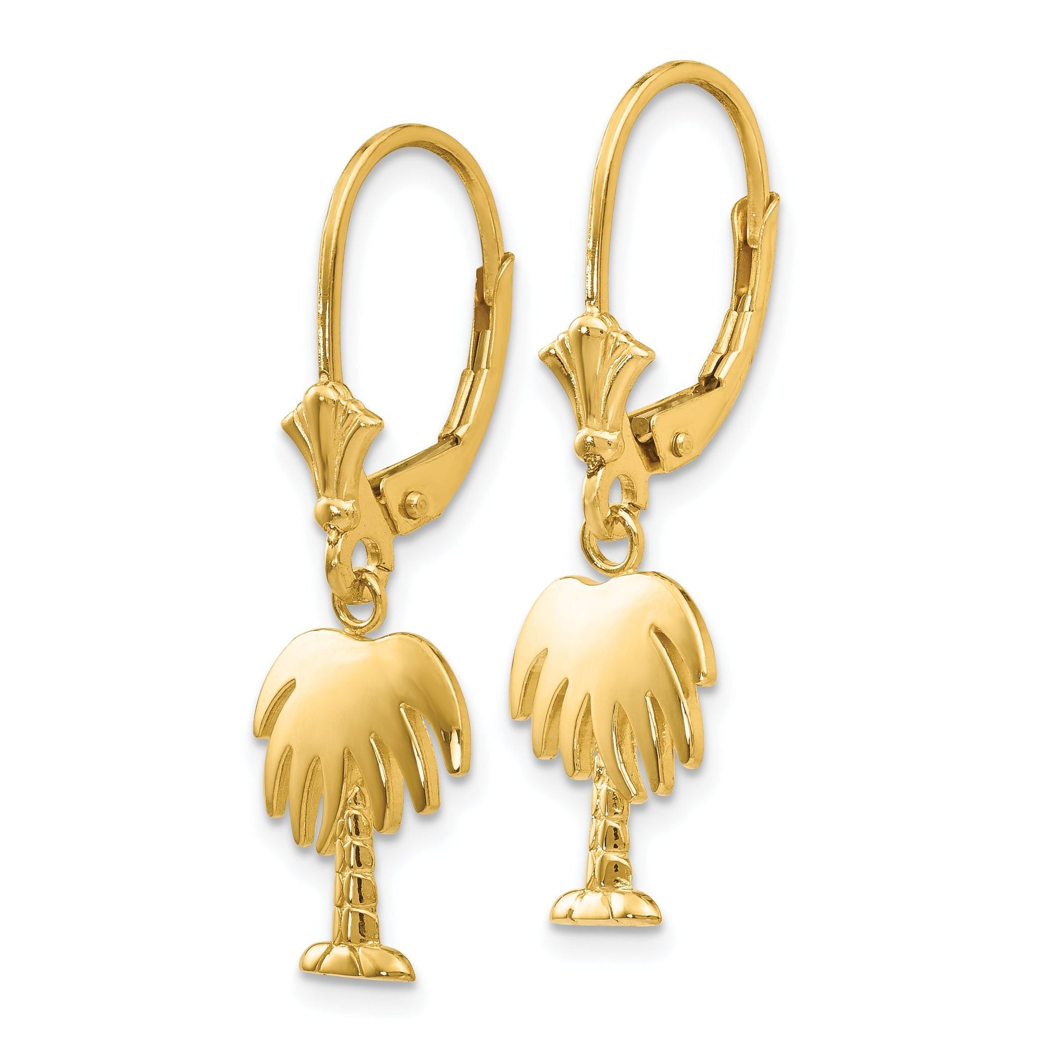 14K Gold Palm Tree Leverback Earrings Polished, Solid, Women's Dangle Design Secondary image