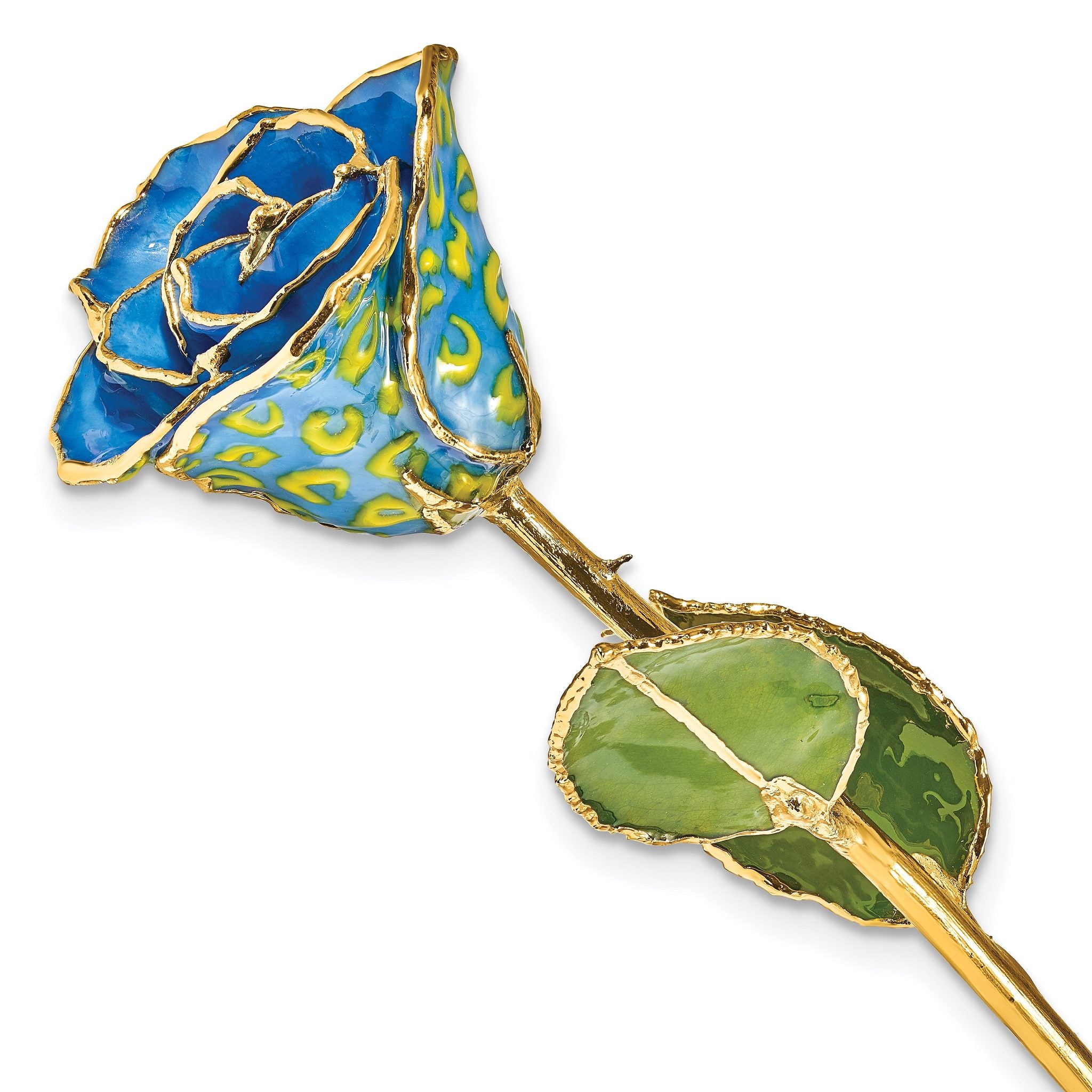 Lacquer Dipped Gold Trimmed Yellow and Blue Leopard Real Rose Main image