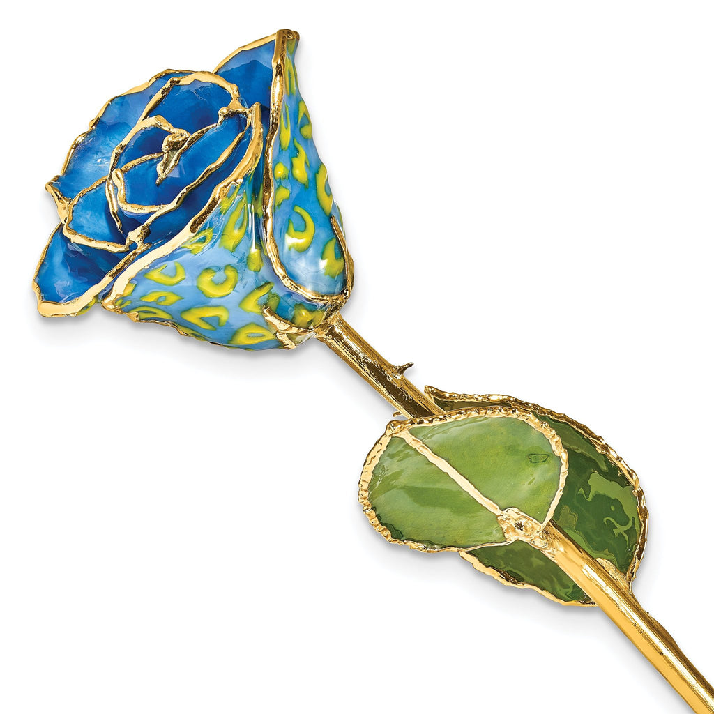 Lacquer Dipped Gold Trimmed Yellow and Blue Leopard Real Rose