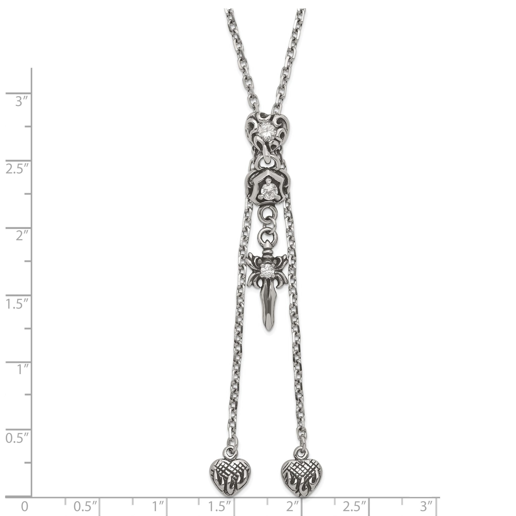 Sophia Jewelers Gothic Hearts & Sword CZ Adjustable Stainless Steel Necklace