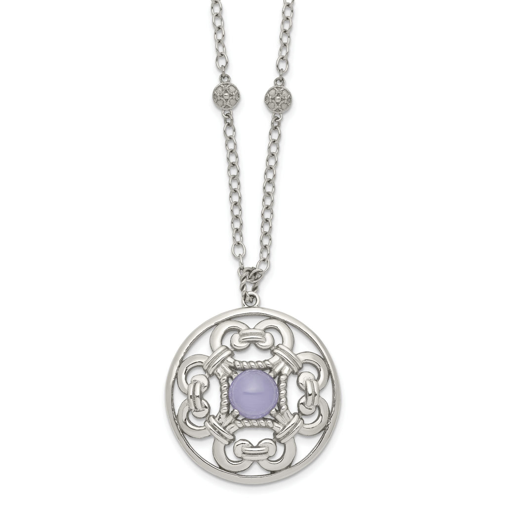 Stainless Steel Polished Synthetic Purple Calcedony w/2in ext Necklace