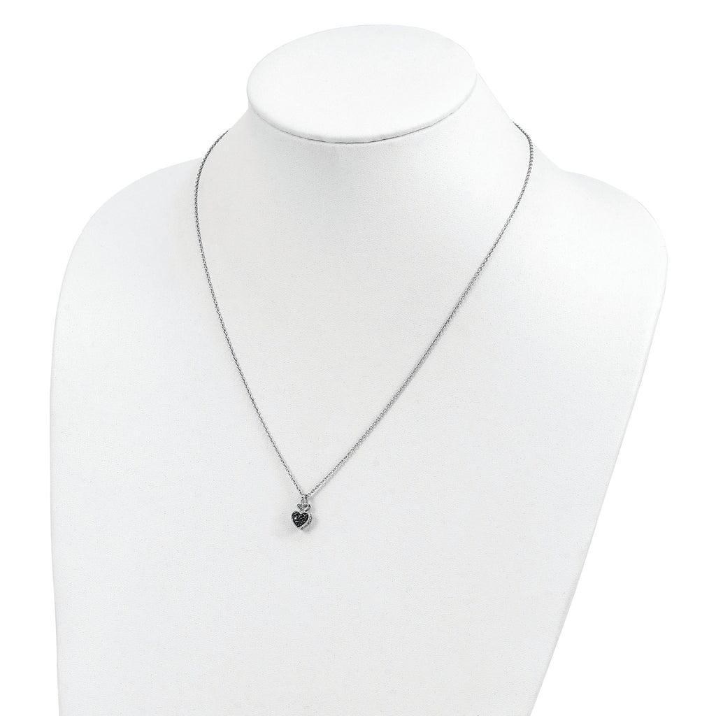 White Night Sterling Silver Rhodium-plated White and Black Diamond Heart 18 Inch Necklace with 2 Inch Extender