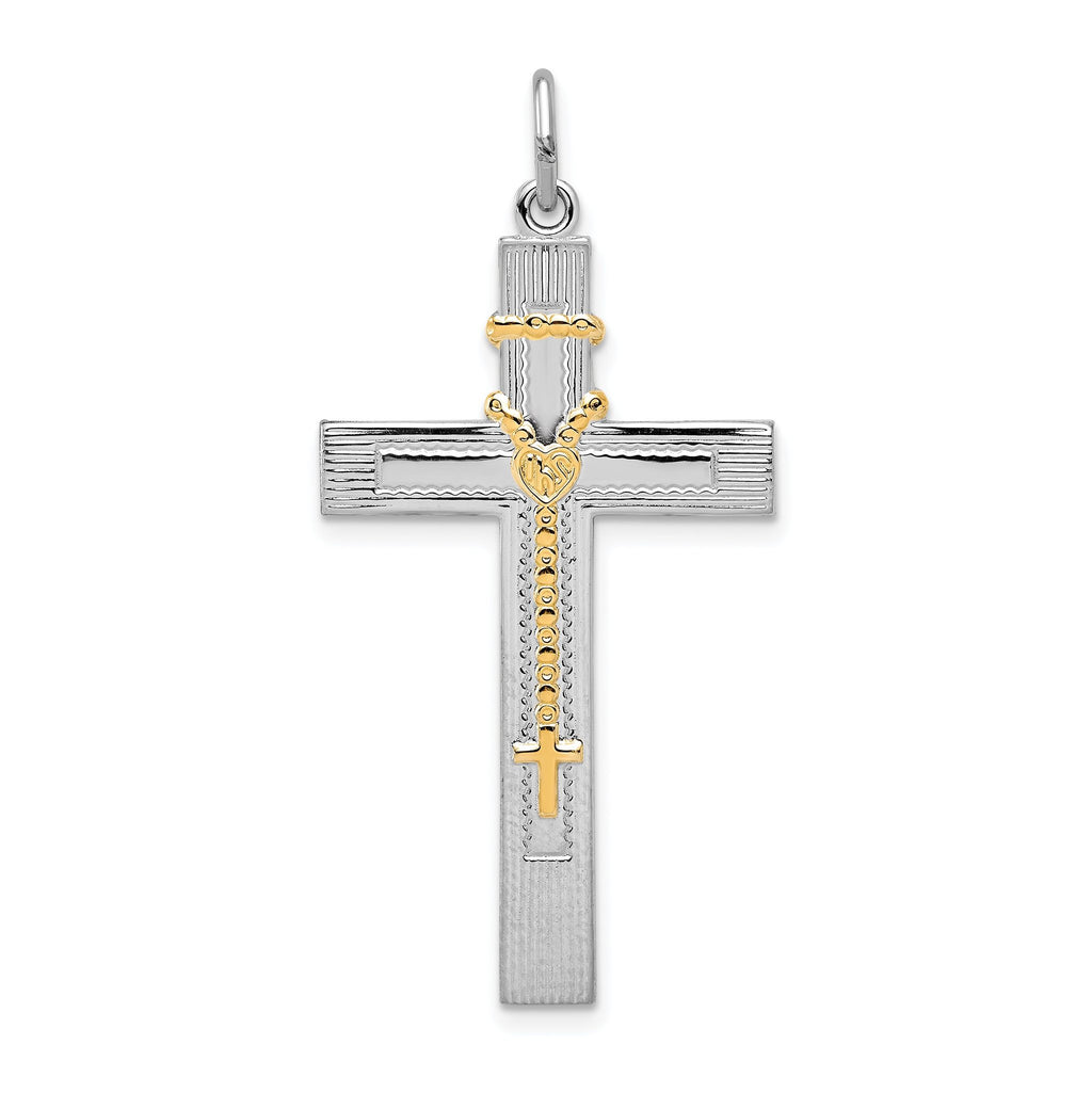 Sterling Silver 925 Rosary Cross Pendant with Gold Accents
