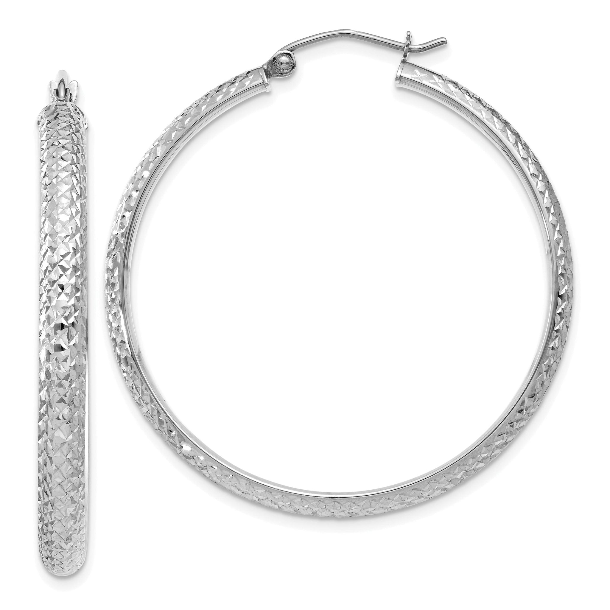 14K White Gold Diamond-cut 3.5x38mm Hollow Hoop Earrings Main image