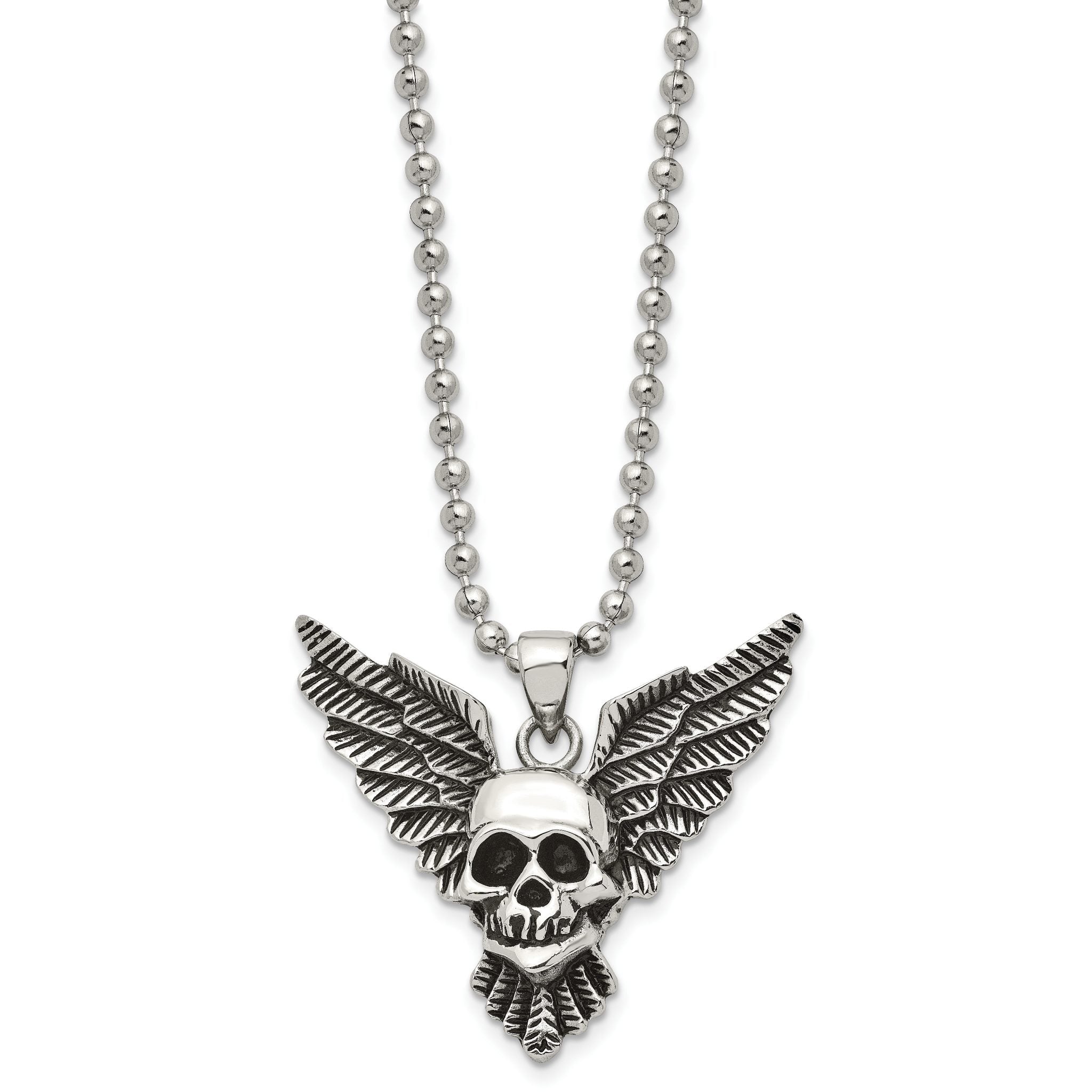 Chisel Stainless Steel Antiqued and Polished Skull with Wings Pendant on a 22 inch Ball Chain Necklace Main image