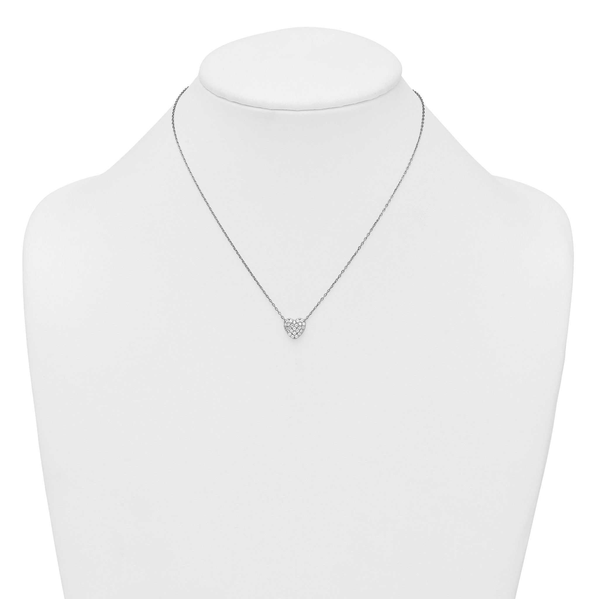 Sterling Silver Rhodium-plated Polished Pave CZ Heart 16 Inch with 2 Inch Extension Necklace
