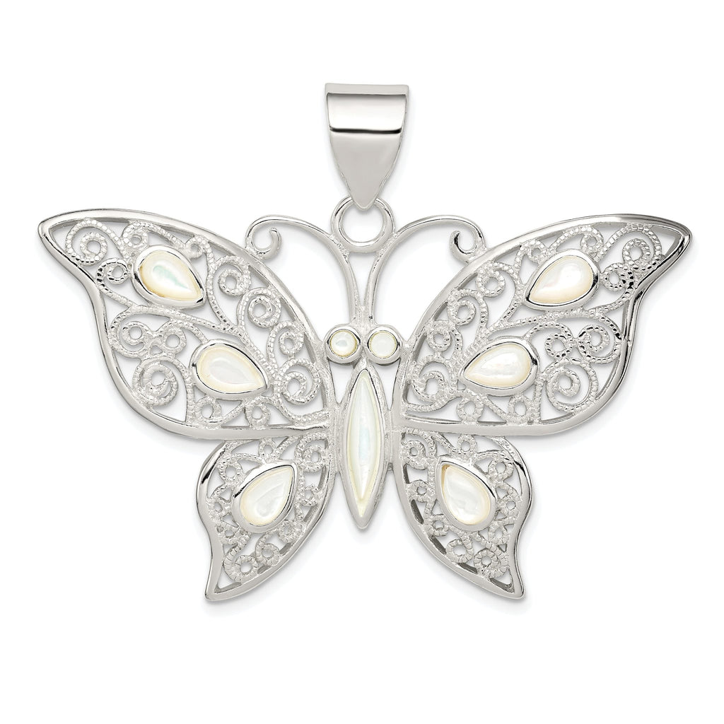 Sterling Silver Mother of Pearl Butterfly Pendant with Filigree Detailing