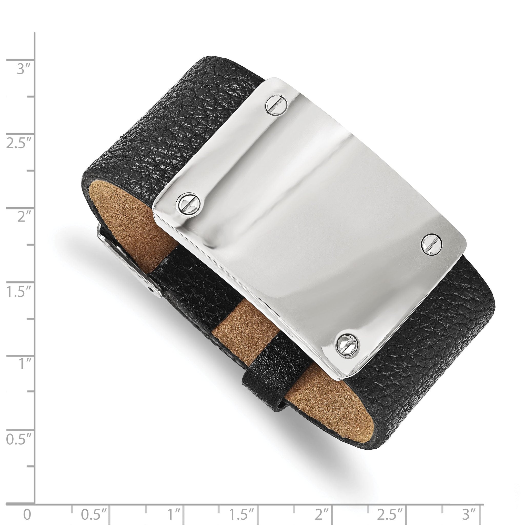 Stainless Steel Polished Black Leather Adjustable ID Bracelet for Men