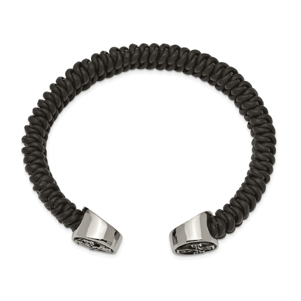 Stainless Steel Antiqued and Polished Black Leather Celtic Cross Cuff Bangle Bracelet for Men