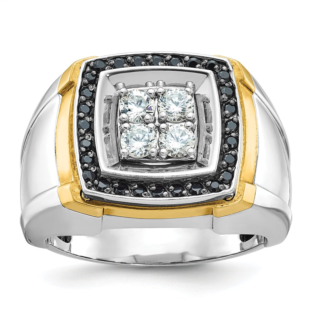 14k Two-tone Men's Polished 3/4 Carat AA Quality Black and White Diamond Square Cluster Ring