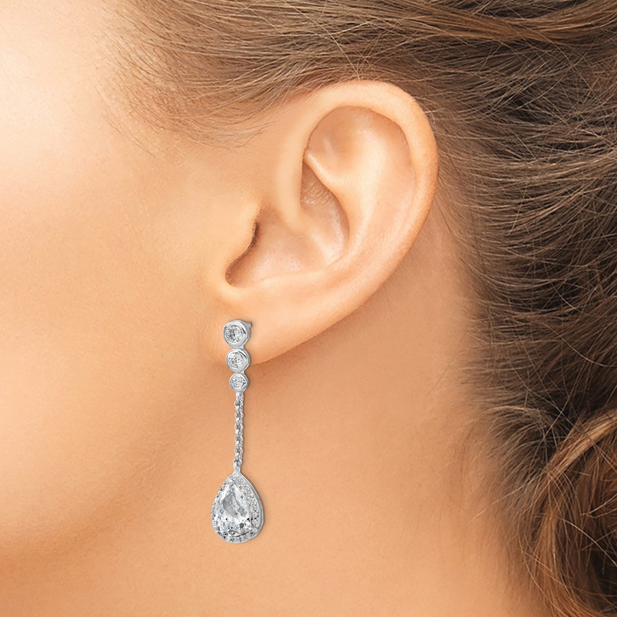 Sterling Silver CZ Teardrop Halo Dangle Earrings, Rhodium-Plated, Gift-Ready