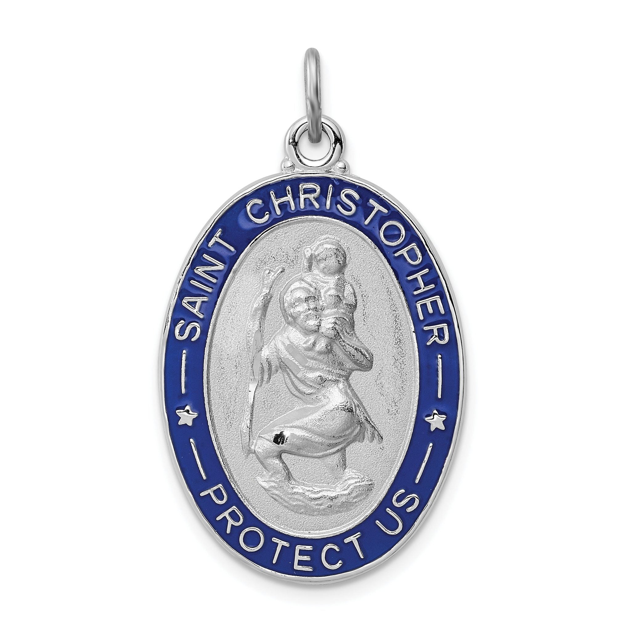 Sterling Silver 925 Rhodium-Plated St. Christopher Medal with Polished Enamel Finish Main image