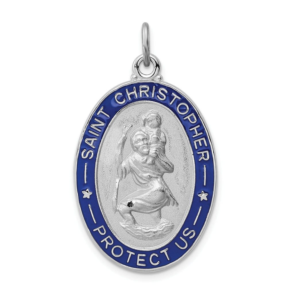 Sterling Silver 925 Rhodium-Plated St. Christopher Medal with Polished Enamel Finish