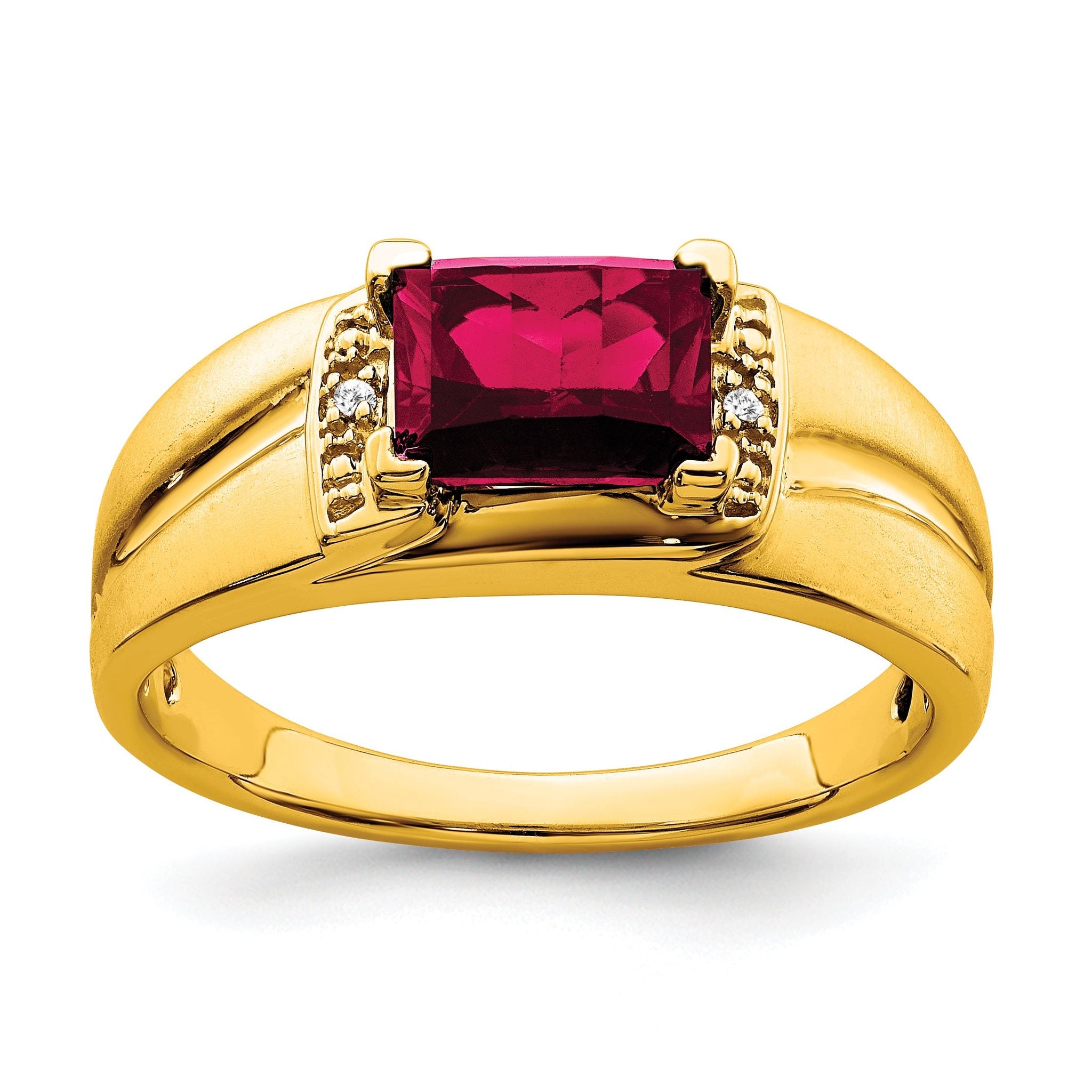 14k Emerald-cut Created Ruby and Diamond Mens Ring Main image