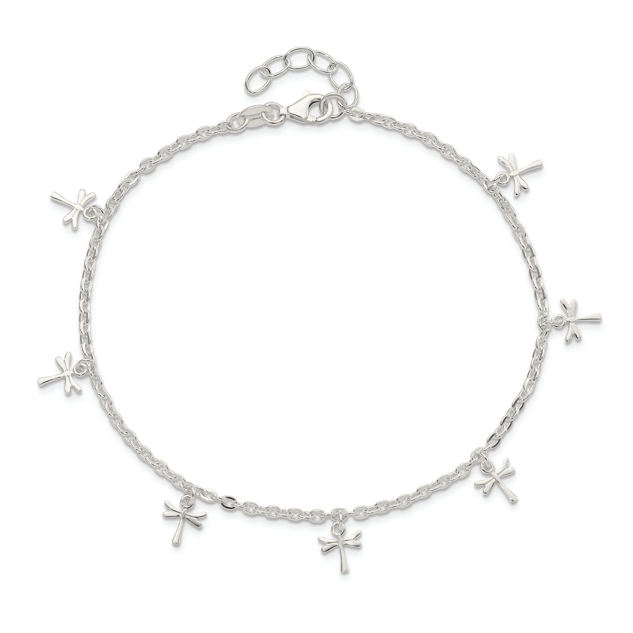 Sterling Silver Dragonfly Charms 9 inch Plus 1 inch Extender - Total 10 inch Anklet