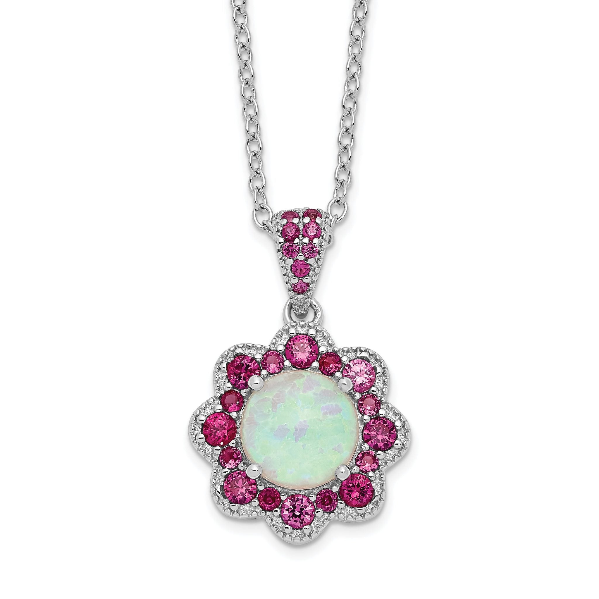 Cheryl M Sterling Silver Rhodium-Rhodium-Plated Cabochon Lab Created Opal and Brilliant-cut Red Nano Crystal Flower 18 Inch Necklace Main image