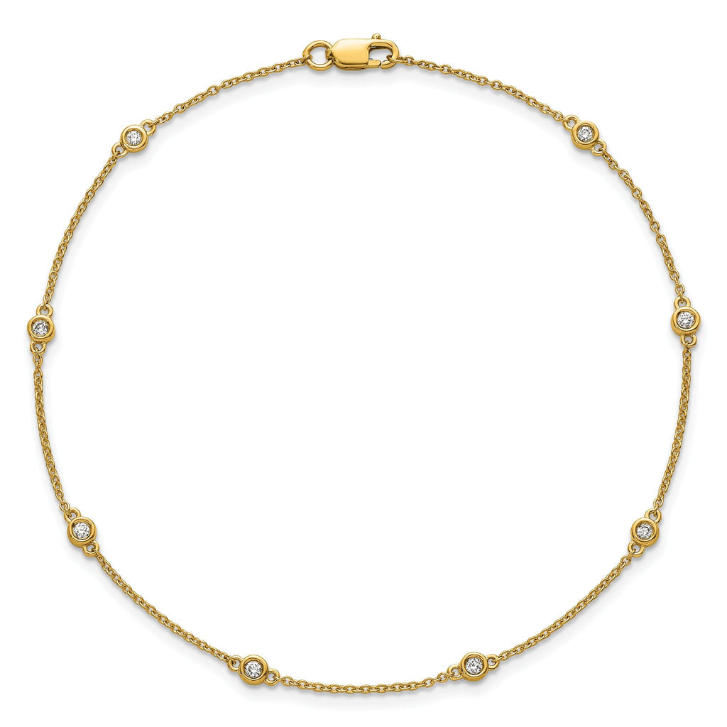 14k Complete 1/8 carat Bezel-set Diamond and Cable Chain 8-Station 9 inch Anklet