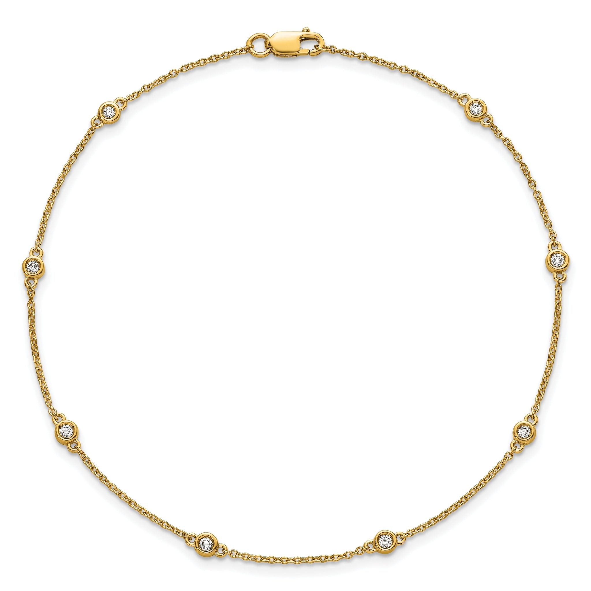 14k Complete 1/8 carat Bezel-set Diamond and Cable Chain 8-Station 9 inch Anklet