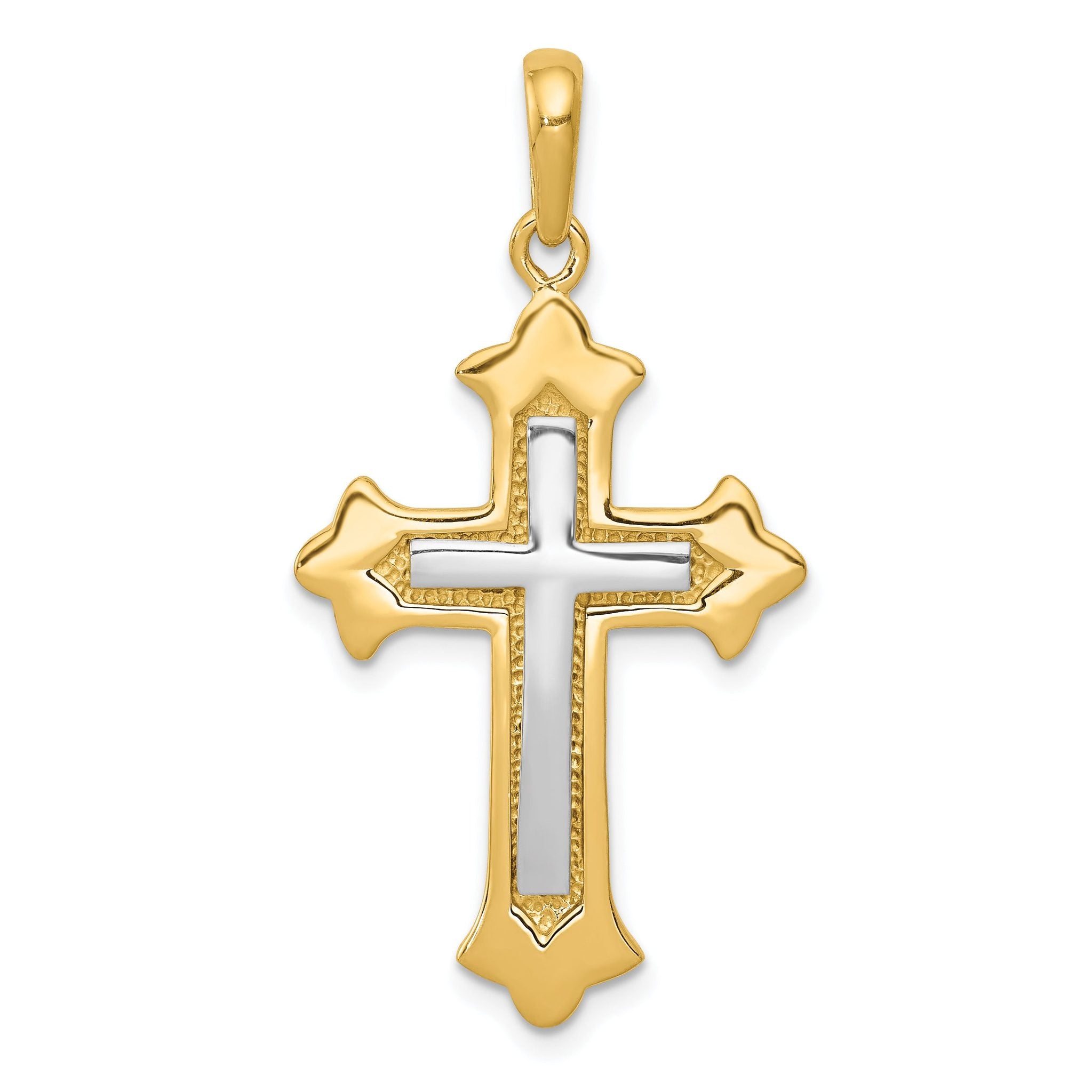 14K Two-Tone Gold Fleur De Lis Cross Pendant with Polished Finish