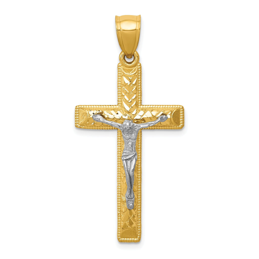 14K Two-Tone Gold Crucifix Pendant with Polished Diamond-Cut Finish