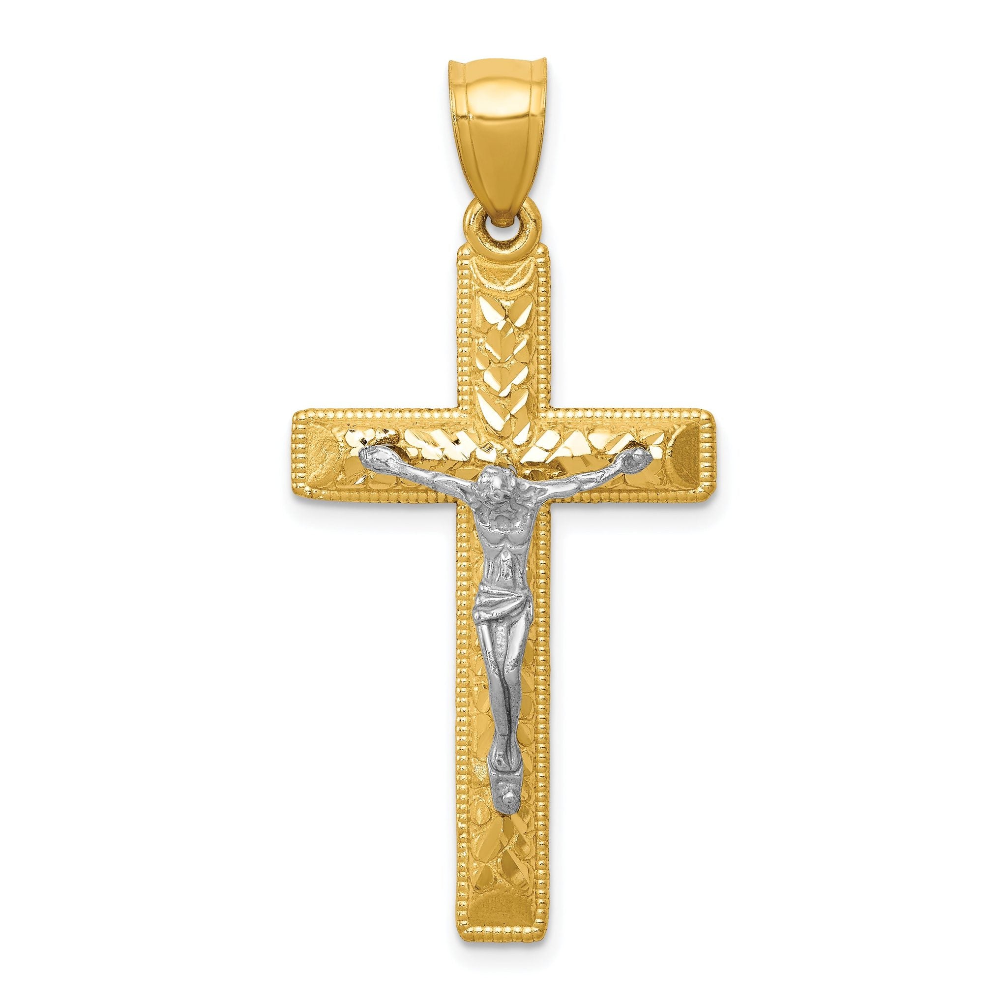 14K Two-Tone Gold Crucifix Pendant with Polished Diamond-Cut Finish