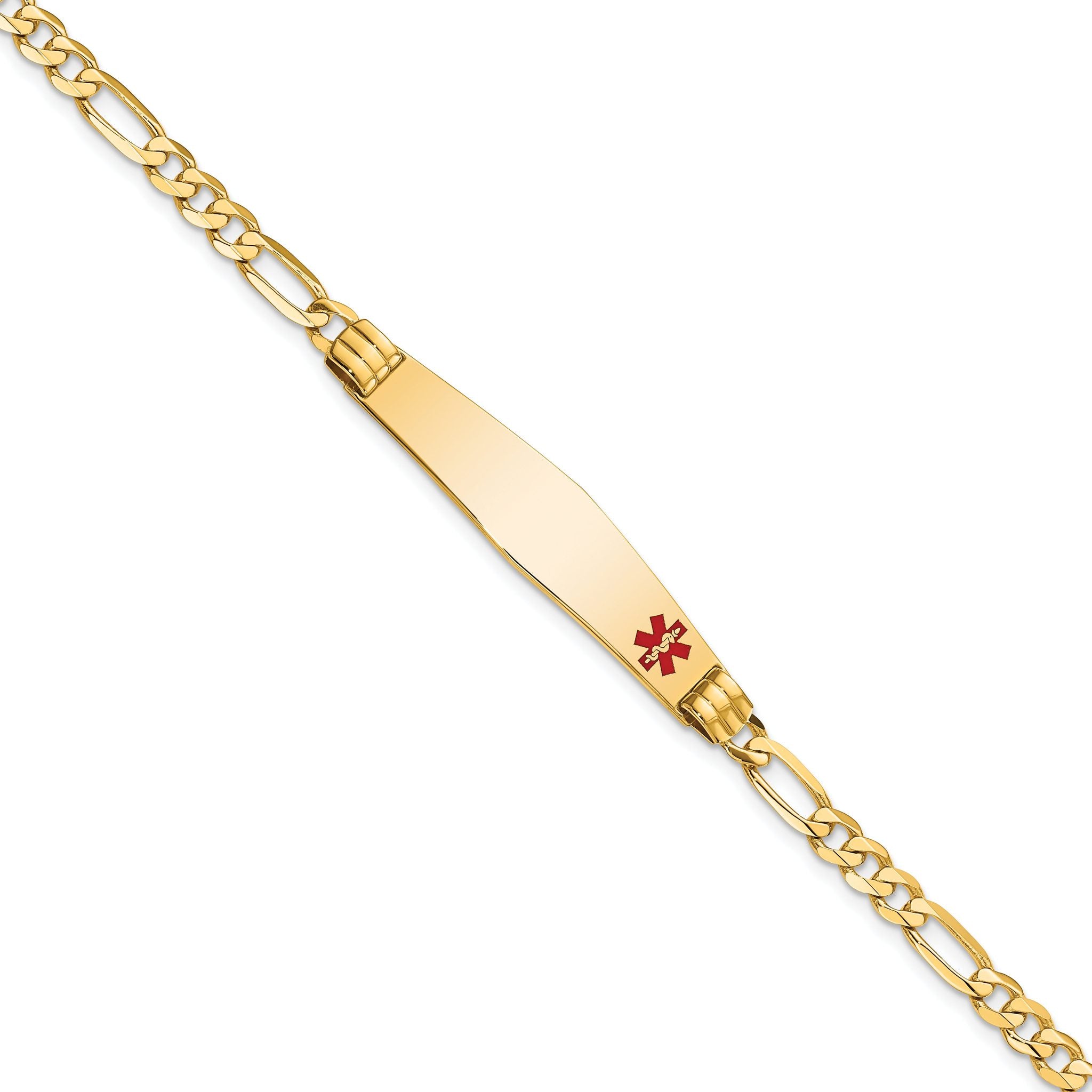 14K Medical Solid Chain/Solid Plate Soft Diamond Shape 36x9mm Off-Center Red Enamel Figaro Link 8 inch ID Bracelet Main image