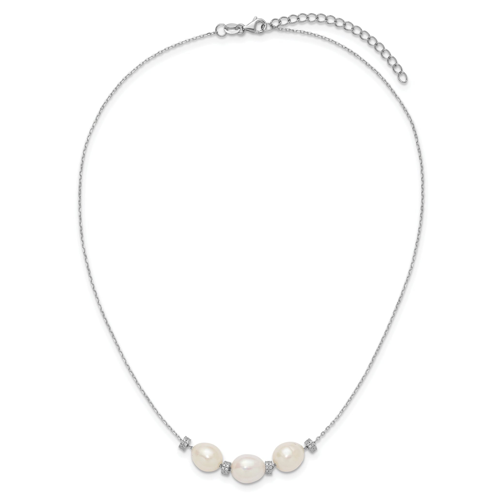 Sterling Silver Rhodium-plated CZ Bead/FWC Pearl With  2in ext. Necklace
