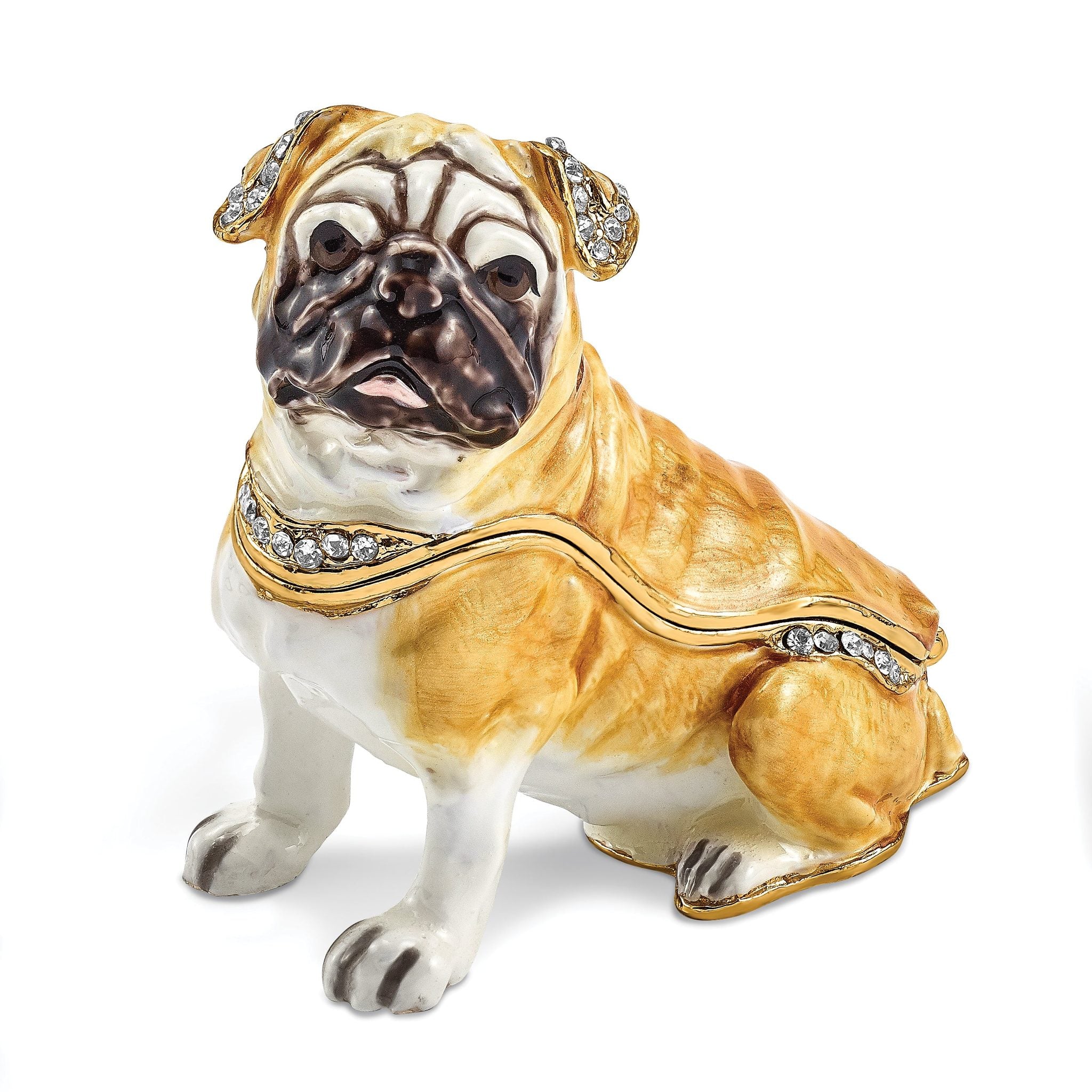 Luxury Giftware by Jere Pewter Bejeweled Crystals Gold-tone Enameled WEDNESDAY Pug Trinket Box with Matching 18 Inch Necklace Main image