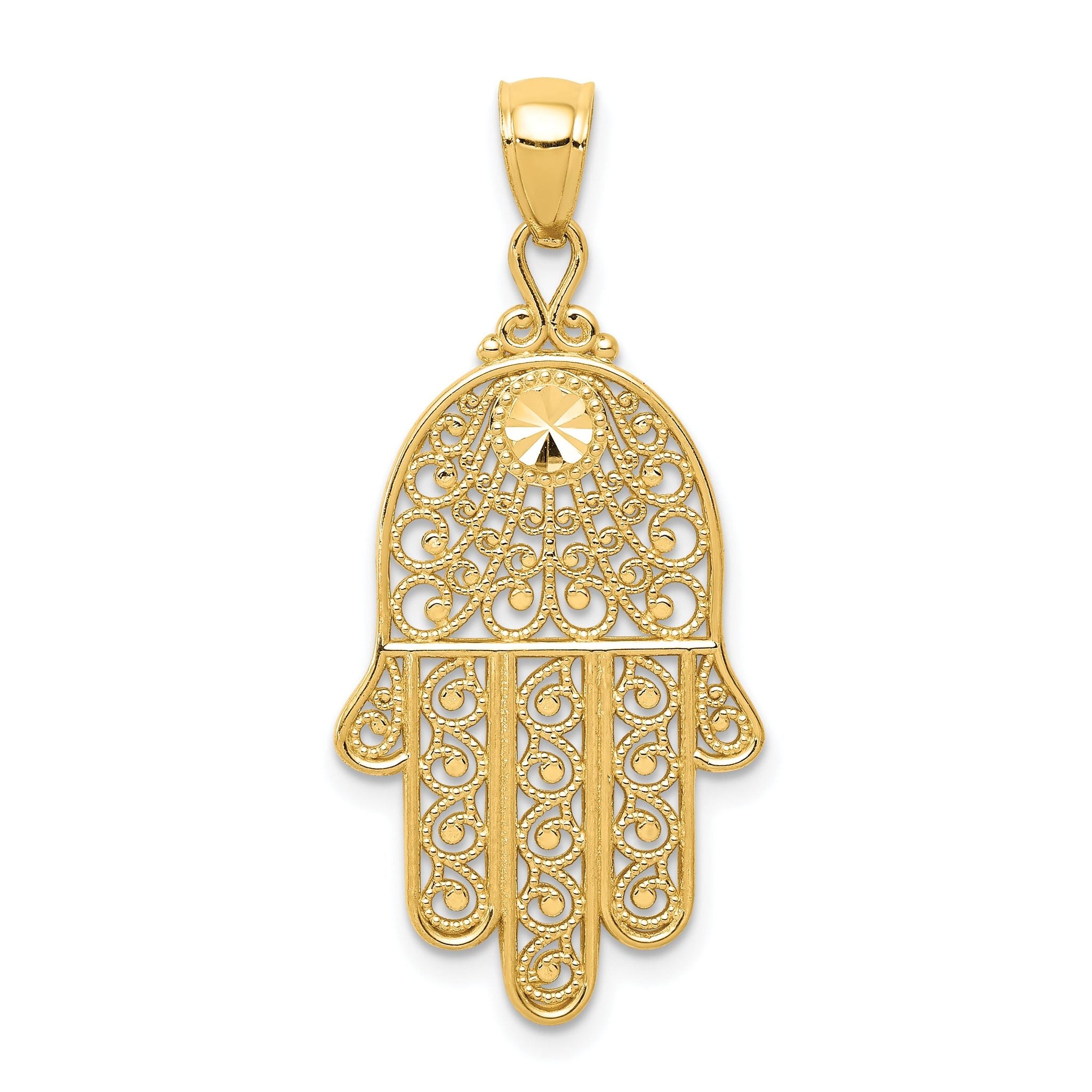 14K Gold Diamond-Cut Filigree Chamseh Pendant  Elegant and Themed Style Main image