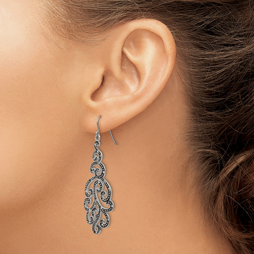 Stainless Steel Polished & Antiqued Crystal Drop Dangle Earrings for Women